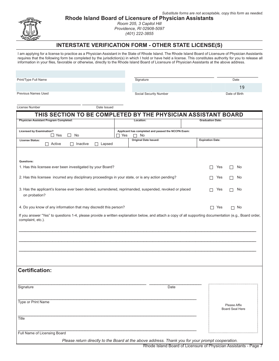 Application for License as a Physician Assistant by Examination / Endorsement / Fcvs - Rhode Island, Page 7
