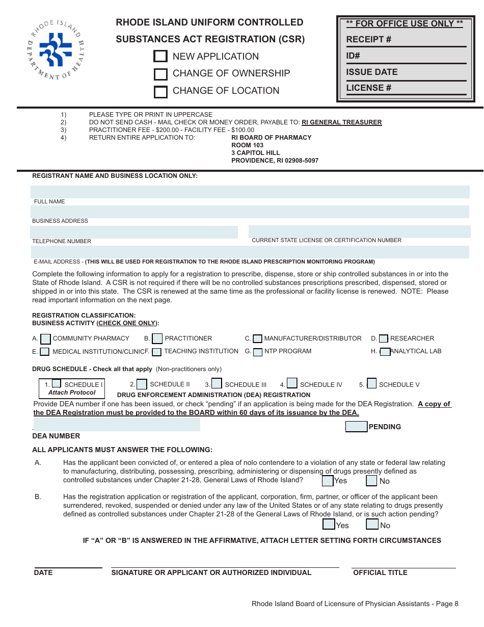 Application for License as a Physician Assistant by Examination / Endorsement / Fcvs - Rhode Island, Page 8