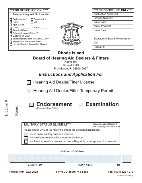 Application for Hearing Aid Dealer/Fitter License - Rhode Island