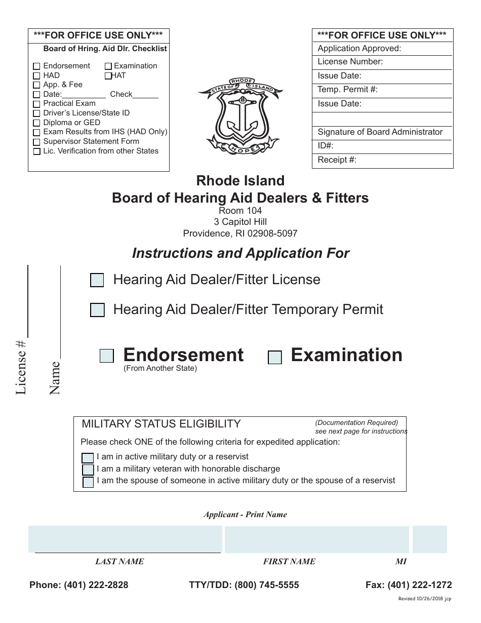 Application for Hearing Aid Dealer / Fitter License - Rhode Island, Page 1