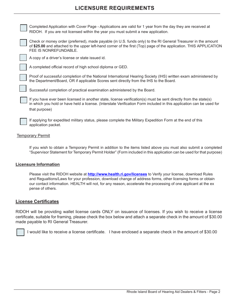 Application for Hearing Aid Dealer / Fitter License - Rhode Island, Page 2