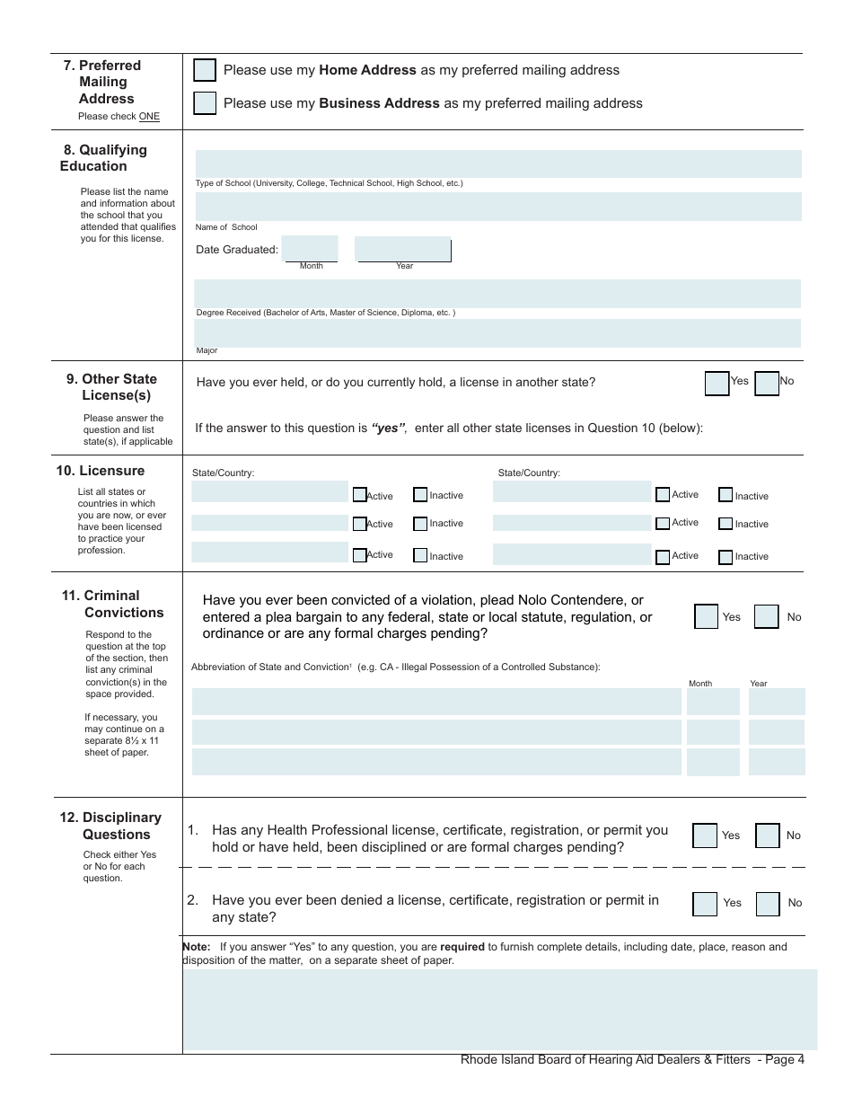 Rhode Island Application for Hearing Aid Dealer/Fitter License - Fill ...