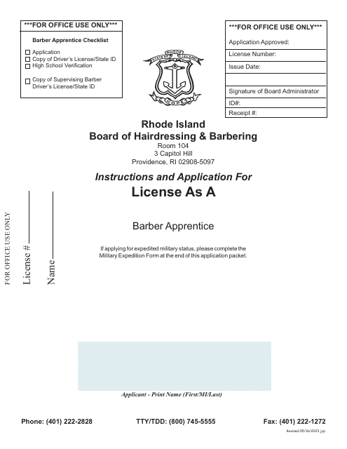 Application for License as a Barber Apprentice - Rhode Island Download Pdf