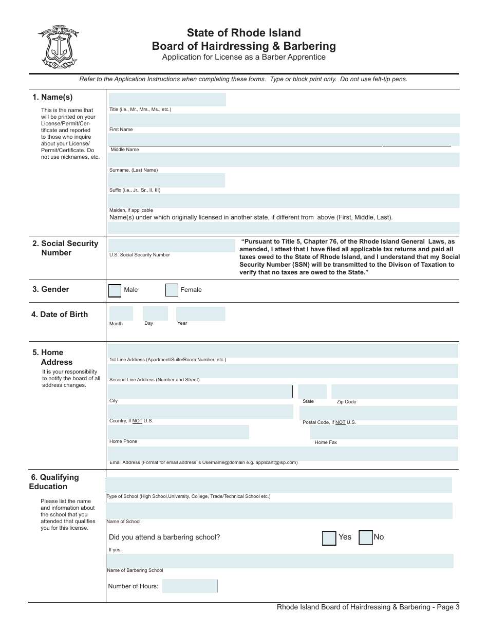 Application for License as a Barber Apprentice - Rhode Island, Page 3