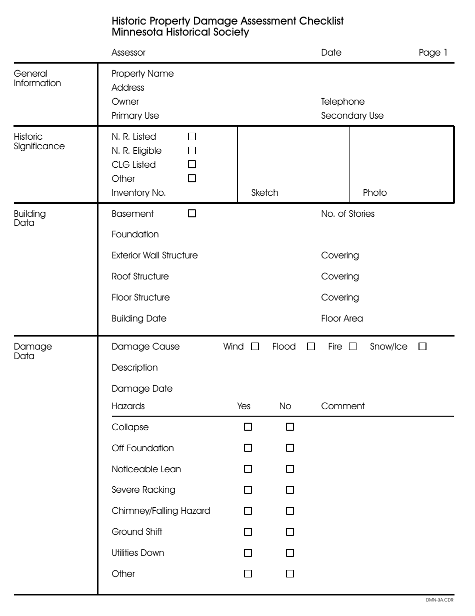 Form DMN-3 Historic Property Damage Assessment Checklist - Minnesota Historical Society - Minnesota, Page 1