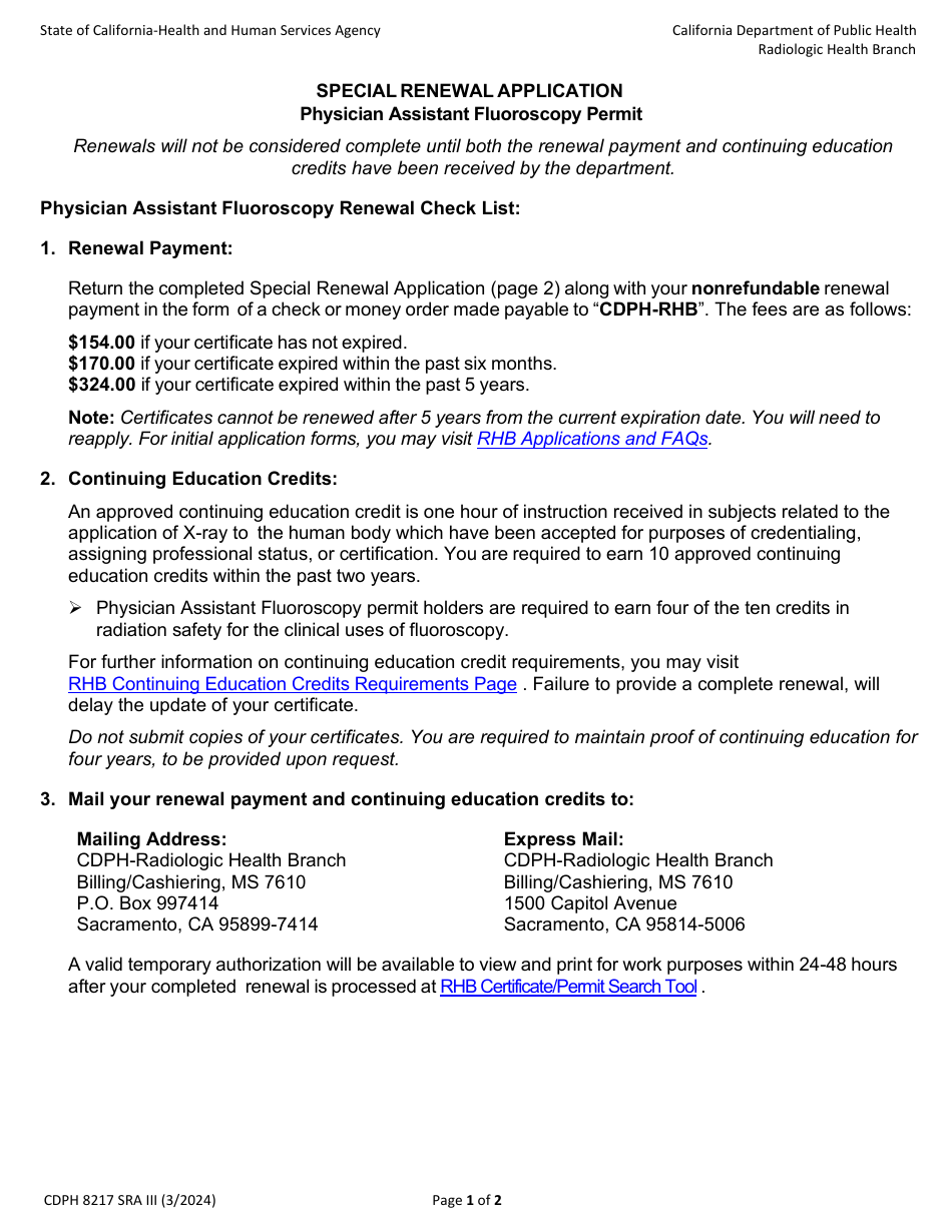 Form CDPH8217 SRA III Physician Assistant Fluoroscopy Permit Special Renewal Application - California, Page 1
