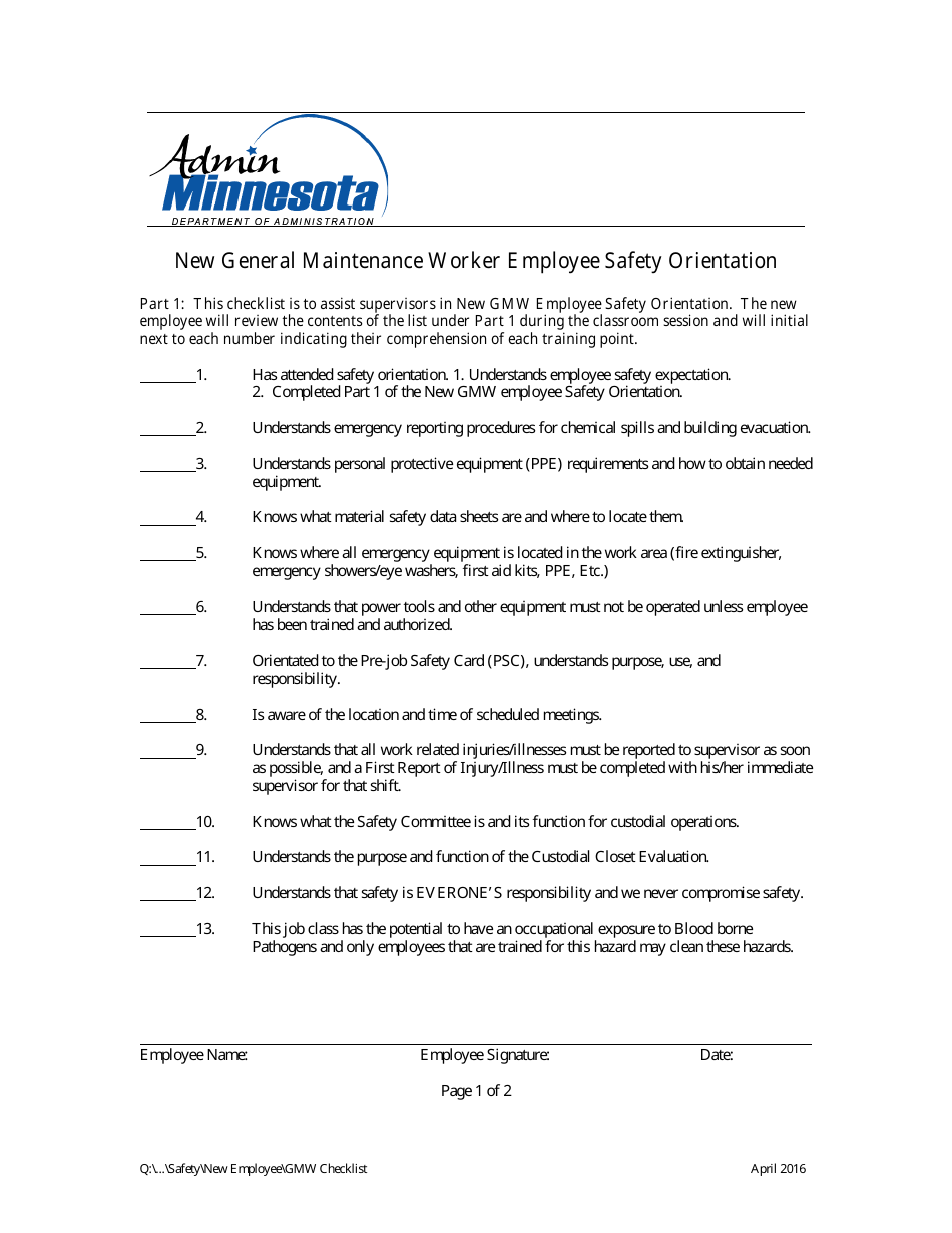 Minnesota New General Maintenance Worker Employee Safety Orientation ...