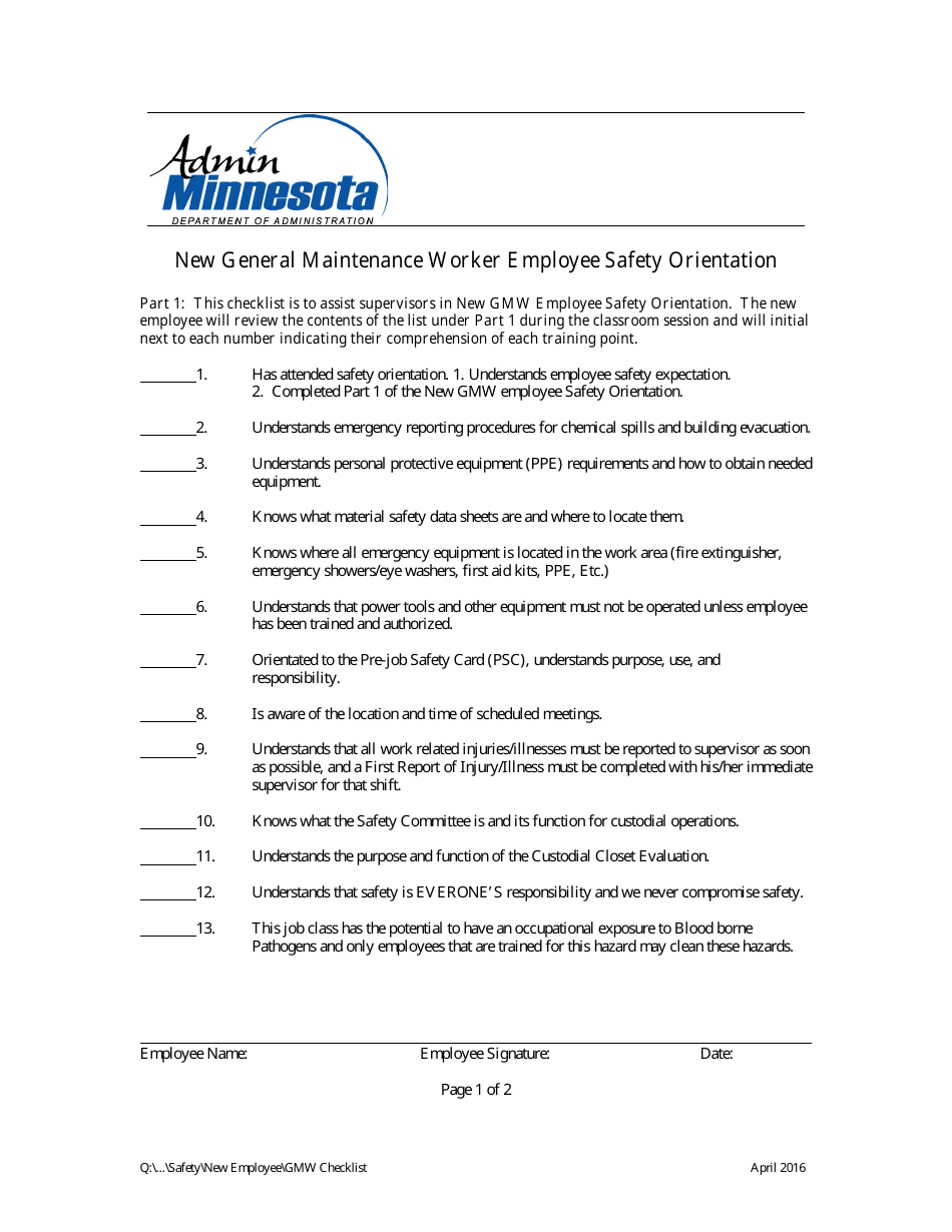 New General Maintenance Worker Employee Safety Orientation - Minnesota, Page 1