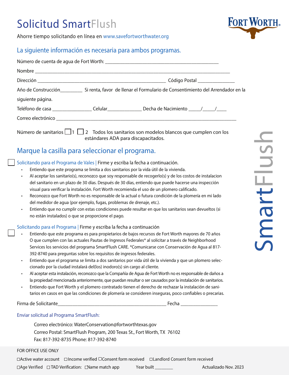 Smartflush Formulario De Solicitud and Consentimiento - Programa De Reemplazo De Sanitarios Para La Conservacion De Agua - City of Fort Worth, Texas (Spanish), Page 3