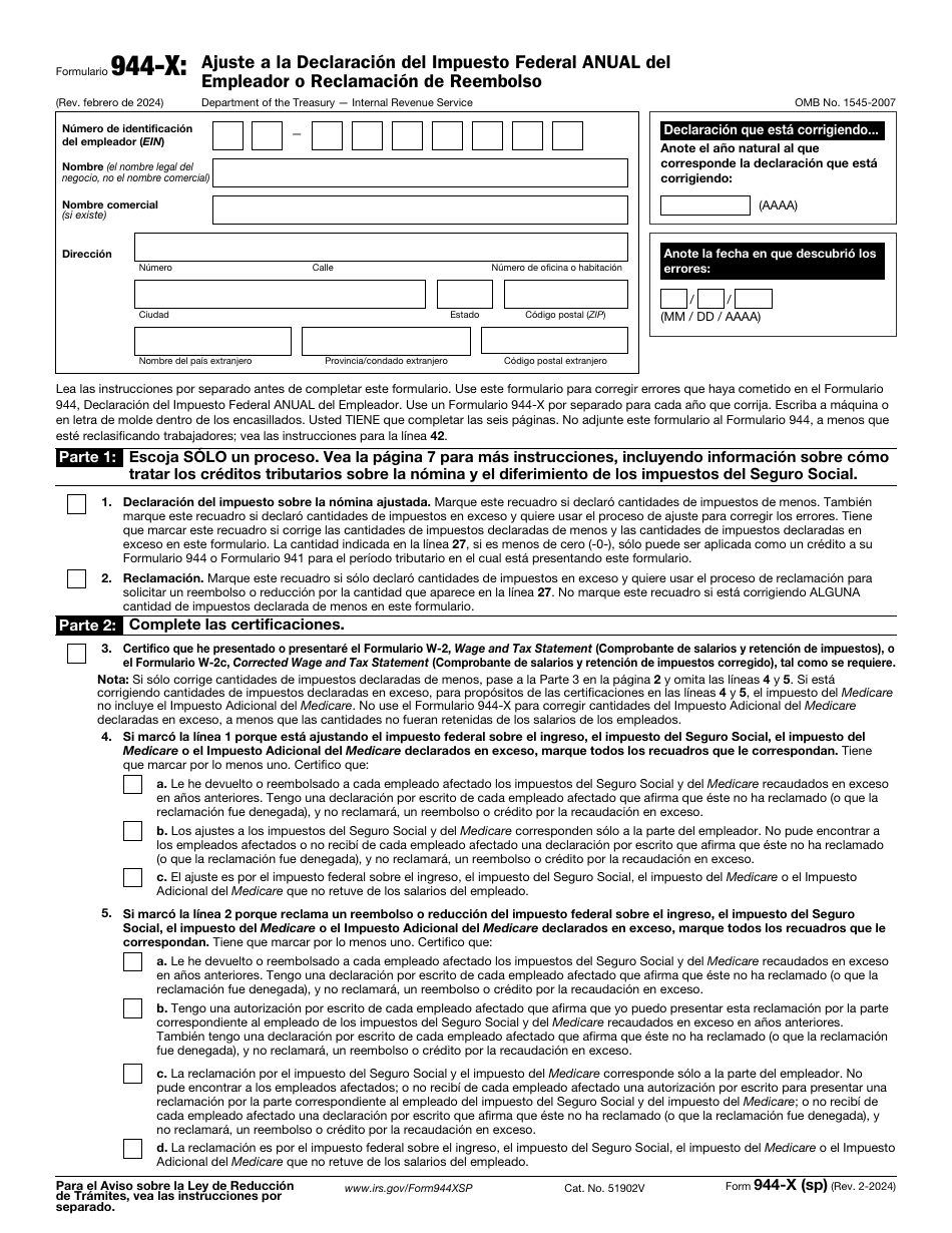 IRS Formulario 944-X (SP) Ajuste a La Declaracion Del Impuesto Federal Anual Del Empleador O Reclamacion De Reembolso (Spanish), Page 1
