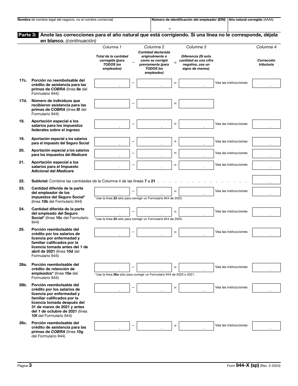 IRS Formulario 944-X (SP) Ajuste a La Declaracion Del Impuesto Federal Anual Del Empleador O Reclamacion De Reembolso (Spanish), Page 3