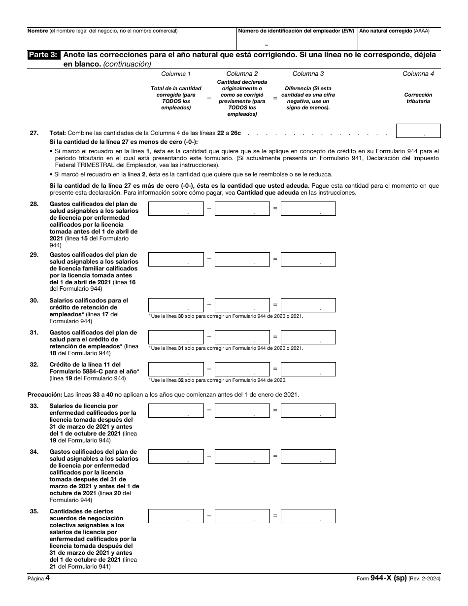 IRS Formulario 944-X (SP) Ajuste a La Declaracion Del Impuesto Federal Anual Del Empleador O Reclamacion De Reembolso (Spanish), Page 4