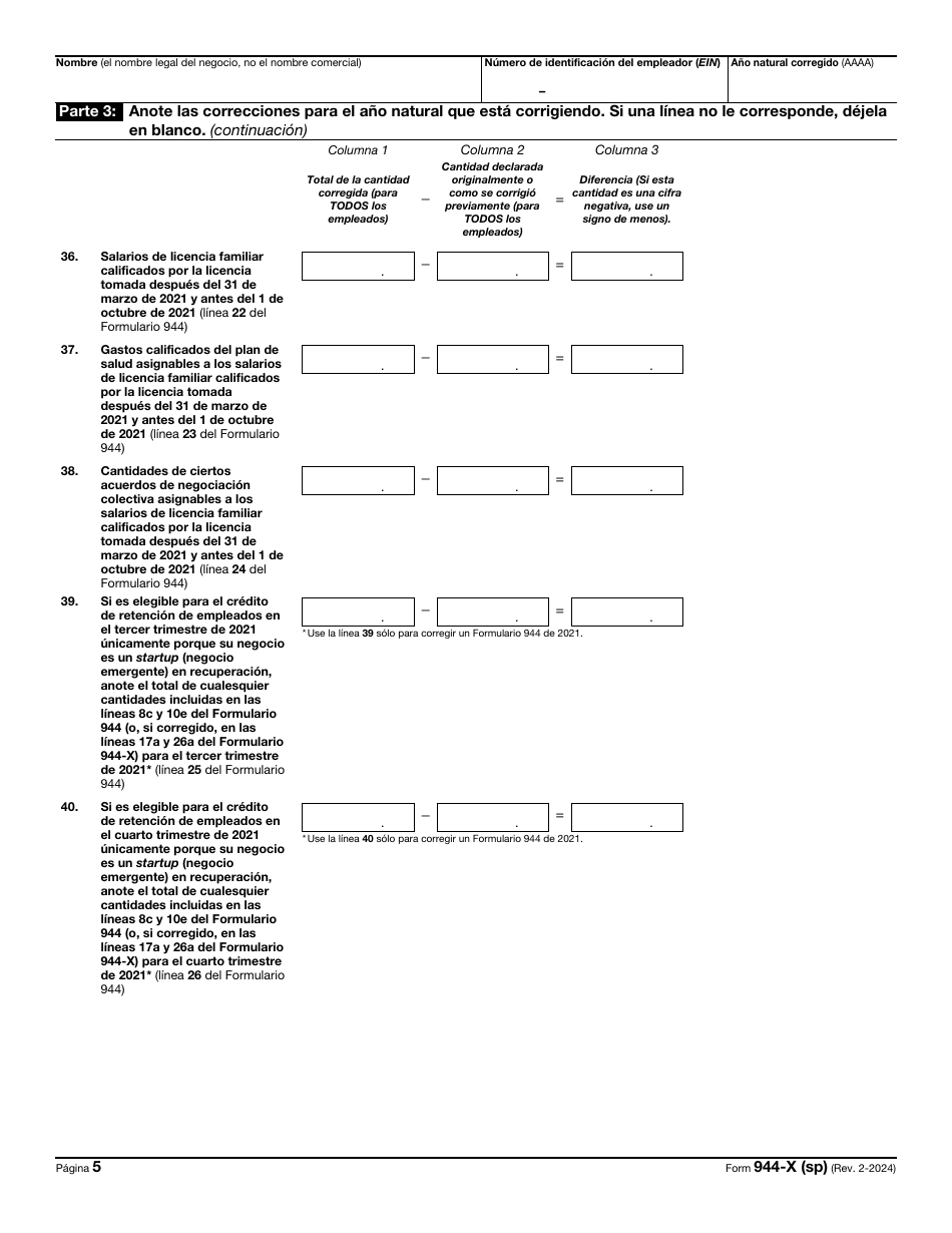 IRS Formulario 944-X (SP) Ajuste a La Declaracion Del Impuesto Federal Anual Del Empleador O Reclamacion De Reembolso (Spanish), Page 5