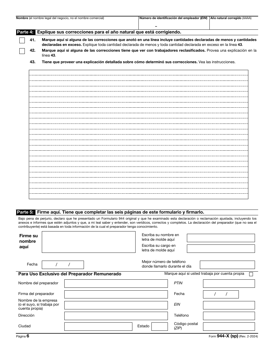 IRS Formulario 944-X (SP) Ajuste a La Declaracion Del Impuesto Federal Anual Del Empleador O Reclamacion De Reembolso (Spanish), Page 6