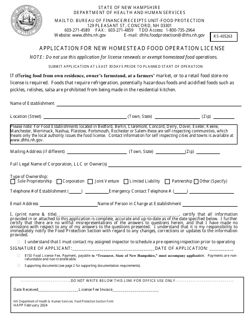 Application for New Homestead Food Operation License - New Hampshire Download Pdf