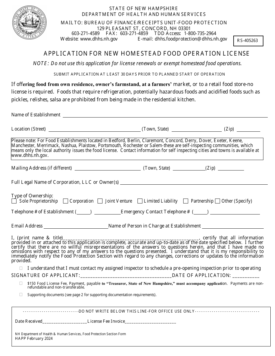 New Hampshire Application for New Homestead Food Operation License