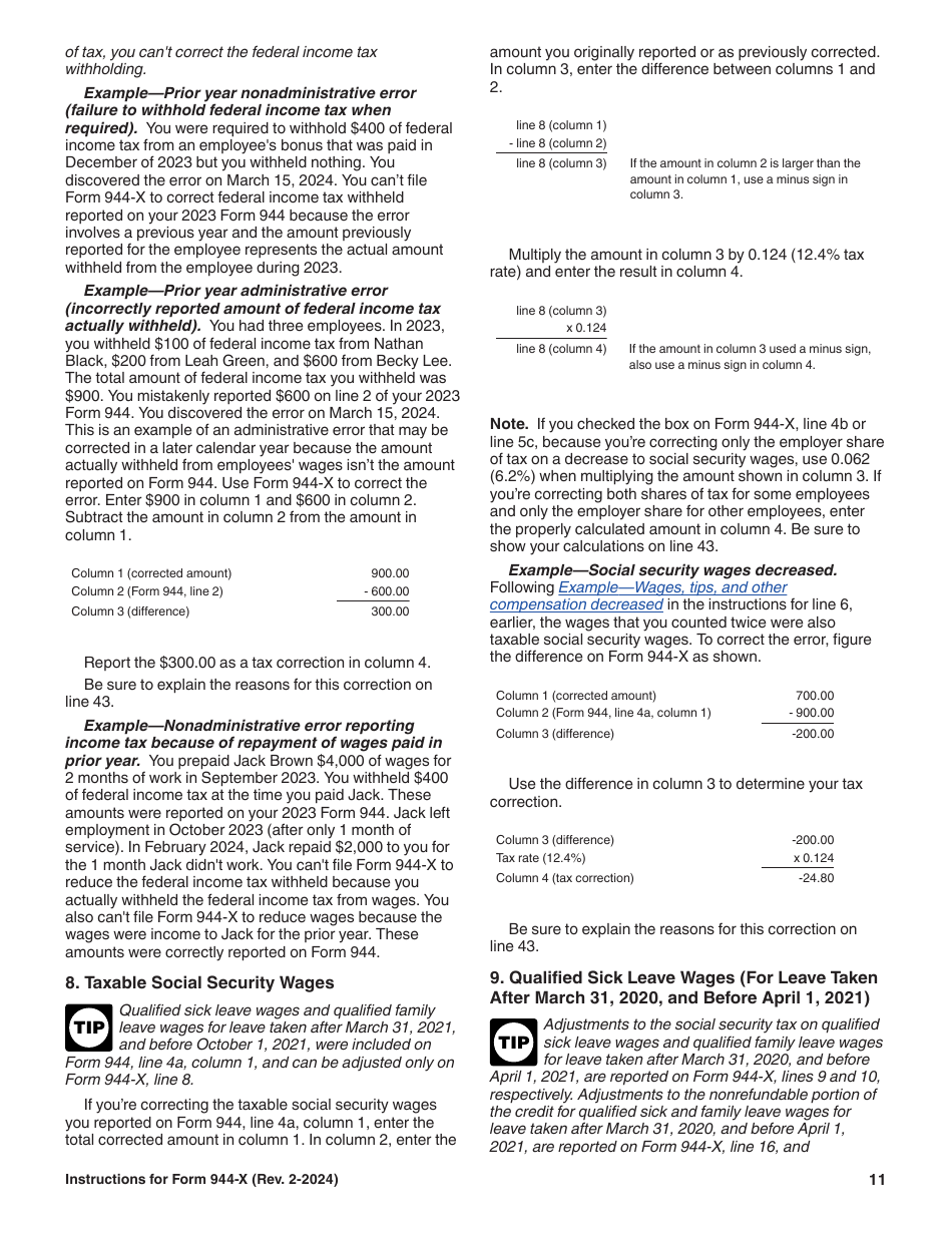 Instructions for IRS Form 944-X Adjusted Employers Annual Federal Tax Return or Claim for Refund, Page 11