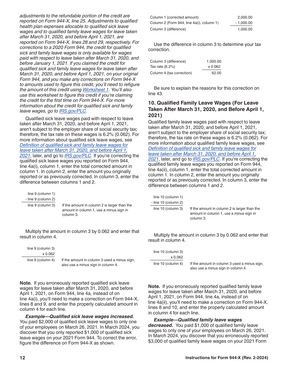 Instructions for IRS Form 944-X Adjusted Employers Annual Federal Tax Return or Claim for Refund, Page 12