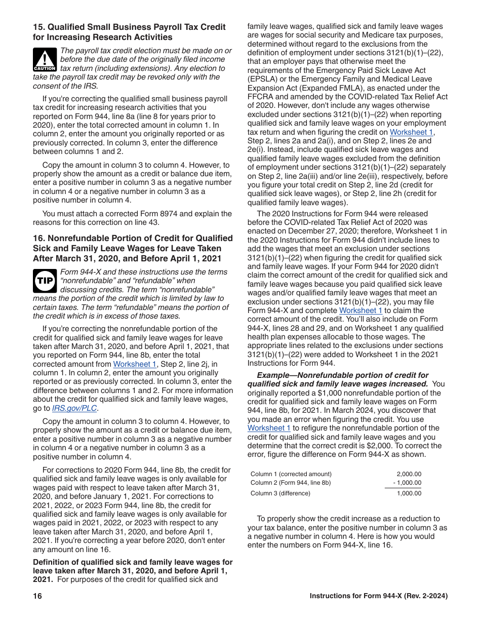 Instructions for IRS Form 944-X Adjusted Employers Annual Federal Tax Return or Claim for Refund, Page 16
