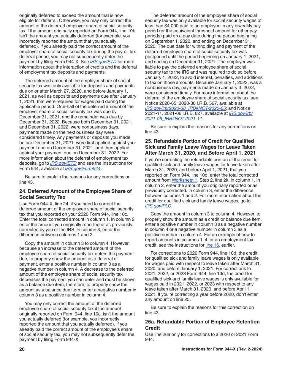 Instructions for IRS Form 944-X Adjusted Employers Annual Federal Tax Return or Claim for Refund, Page 20