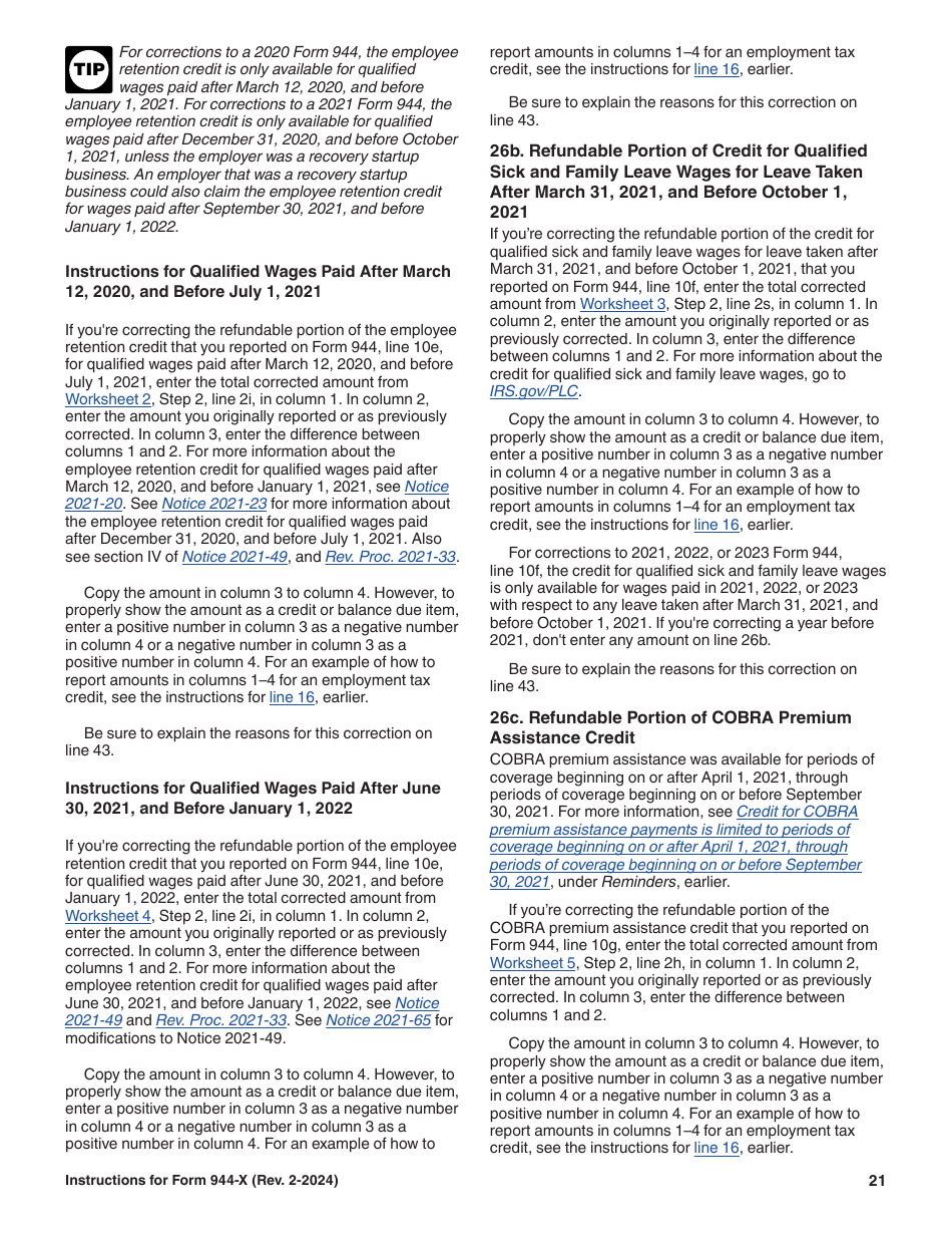 Instructions for IRS Form 944-X Adjusted Employers Annual Federal Tax Return or Claim for Refund, Page 21