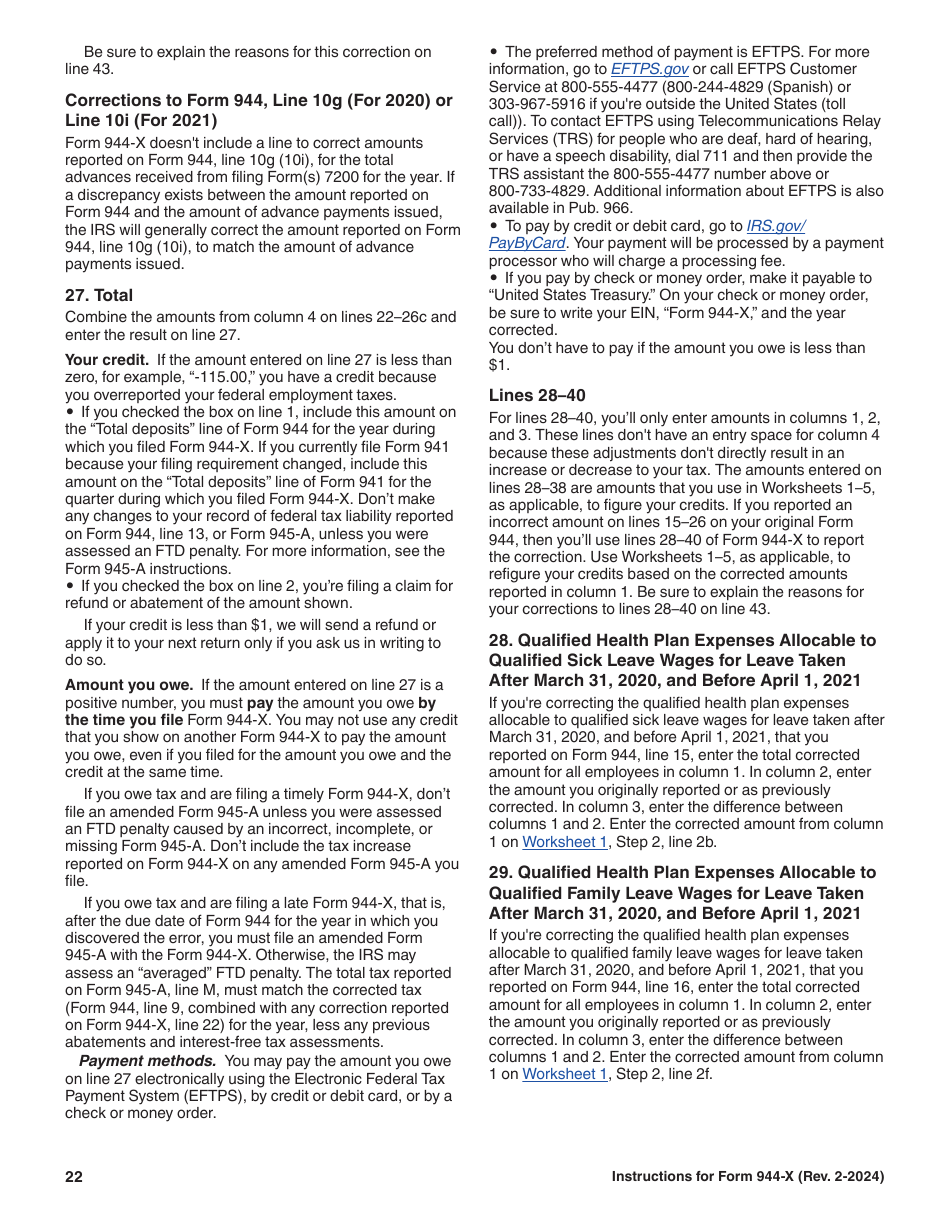 Instructions for IRS Form 944-X Adjusted Employers Annual Federal Tax Return or Claim for Refund, Page 22