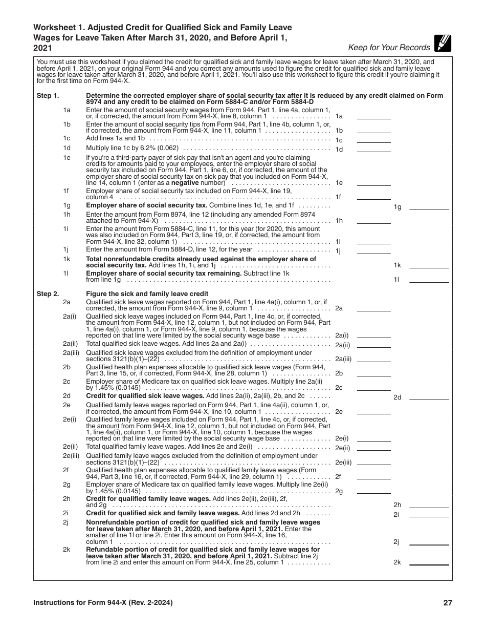 Instructions for IRS Form 944-X Adjusted Employers Annual Federal Tax Return or Claim for Refund, Page 27