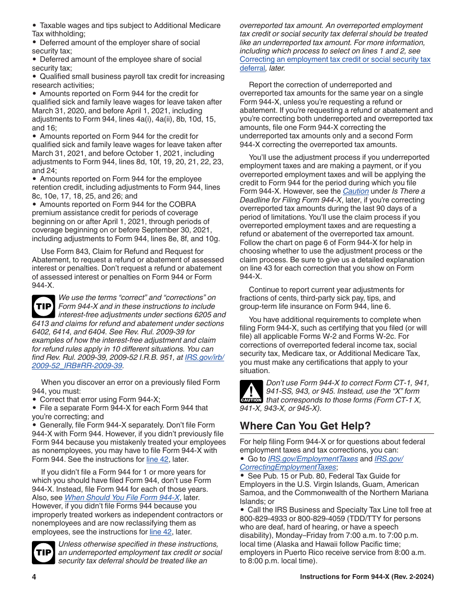 Instructions for IRS Form 944-X Adjusted Employers Annual Federal Tax Return or Claim for Refund, Page 4