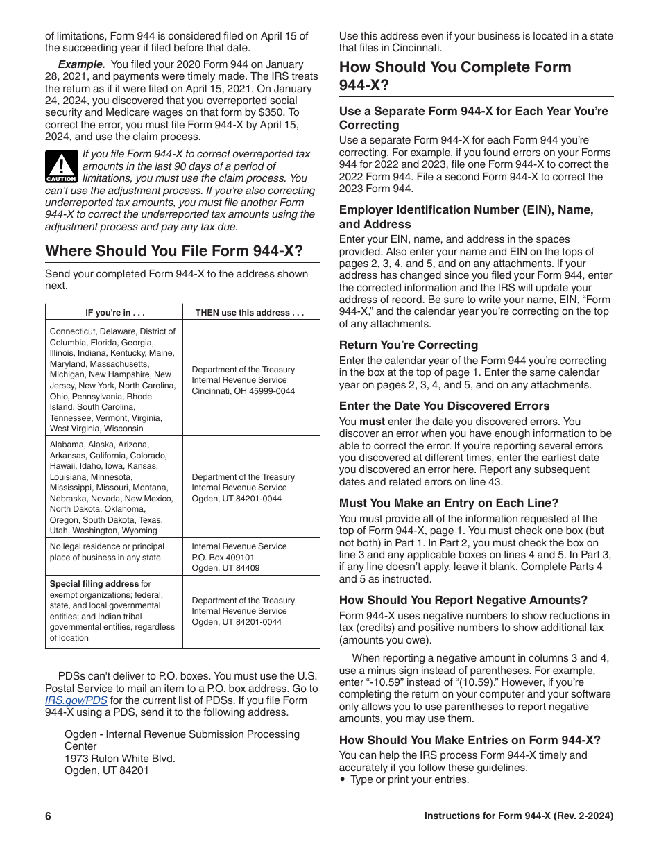 Instructions for IRS Form 944-X Adjusted Employers Annual Federal Tax Return or Claim for Refund, Page 6