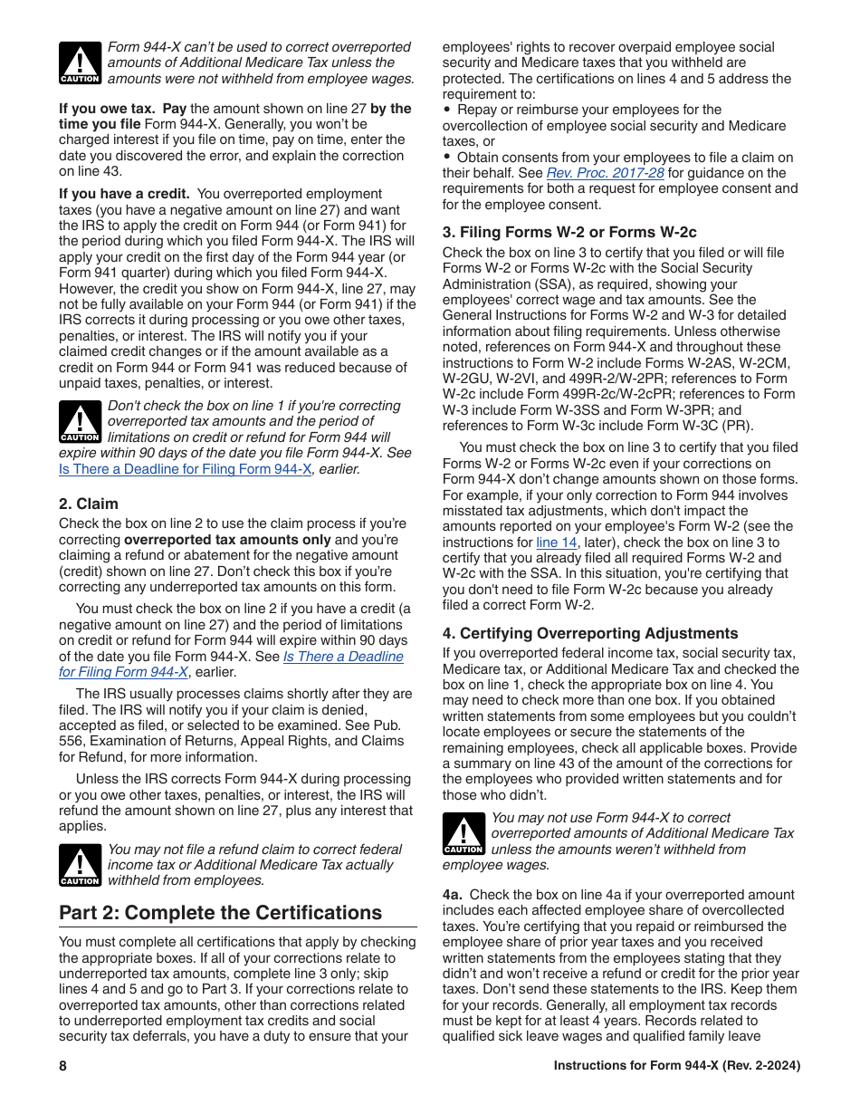 Instructions for IRS Form 944-X Adjusted Employers Annual Federal Tax Return or Claim for Refund, Page 8