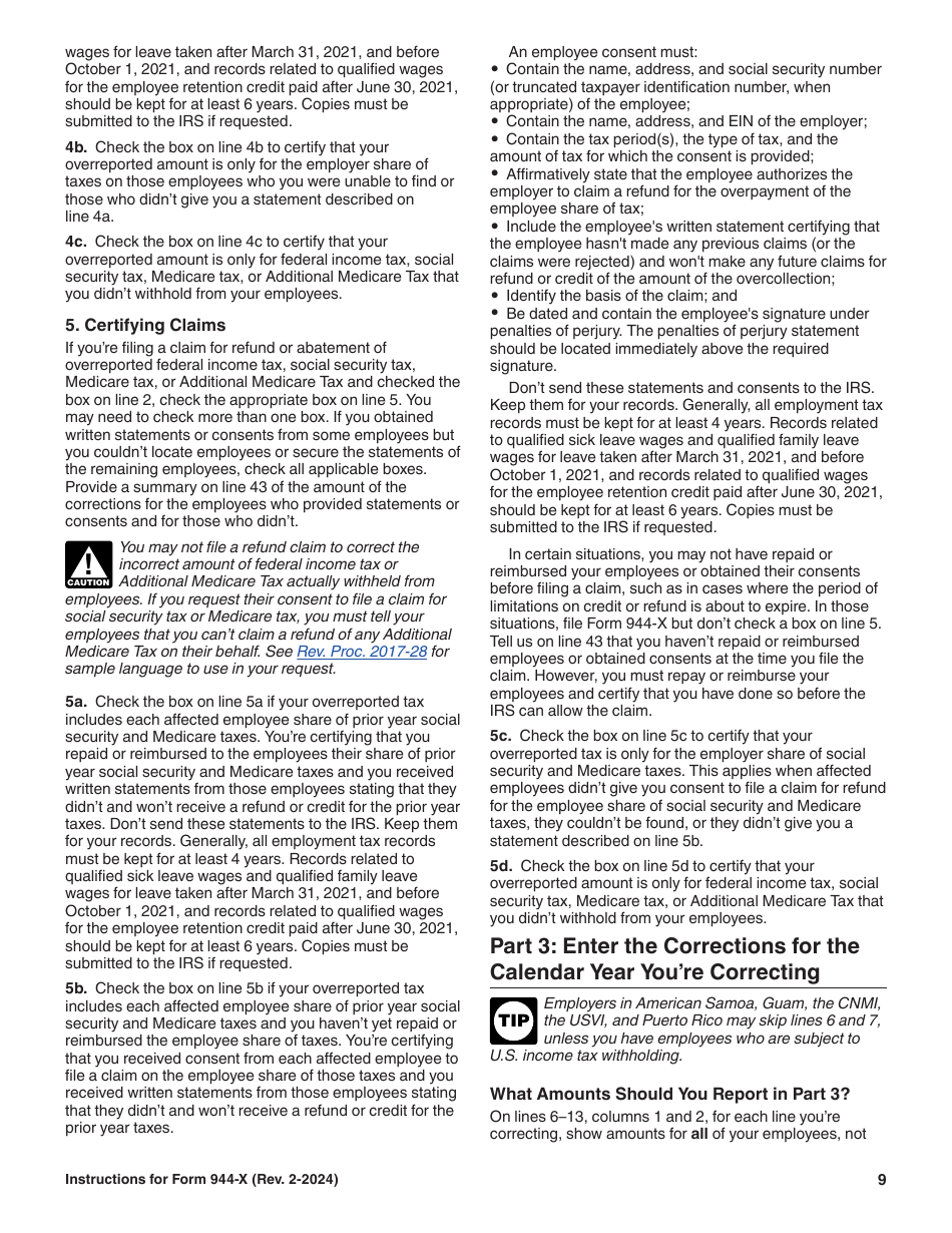 Instructions for IRS Form 944-X Adjusted Employers Annual Federal Tax Return or Claim for Refund, Page 9