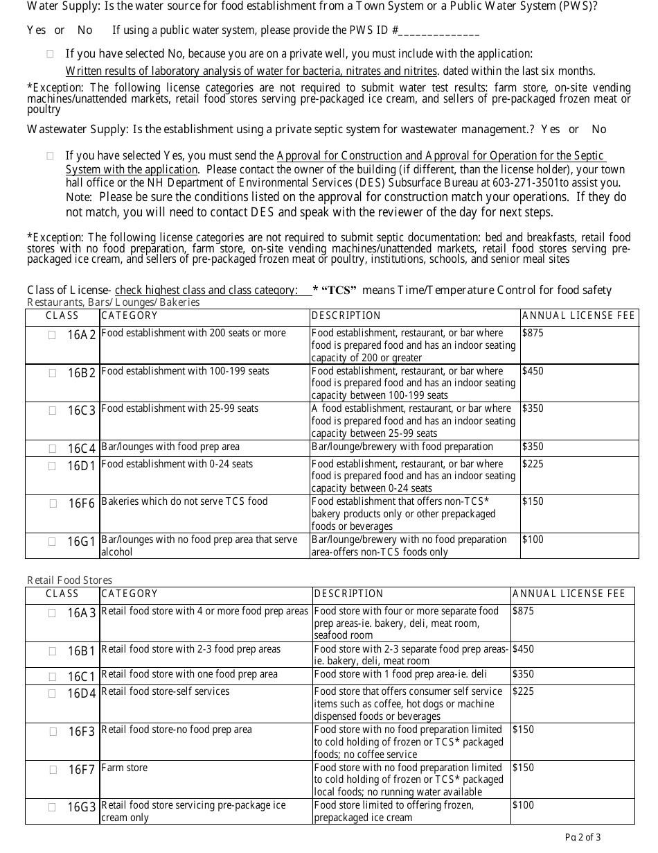 Form FSAPP Application for New, Change of Ownership, Change in License Class Food Service License - New Hampshire, Page 2