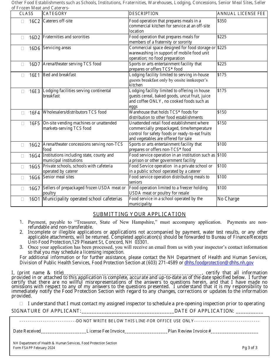 Form FSAPP Application for New, Change of Ownership, Change in License Class Food Service License - New Hampshire, Page 3