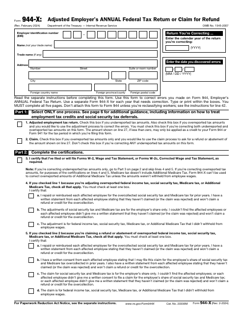 IRS Form 944-X Adjusted Employer's Annual Federal Tax Return or Claim for Refund