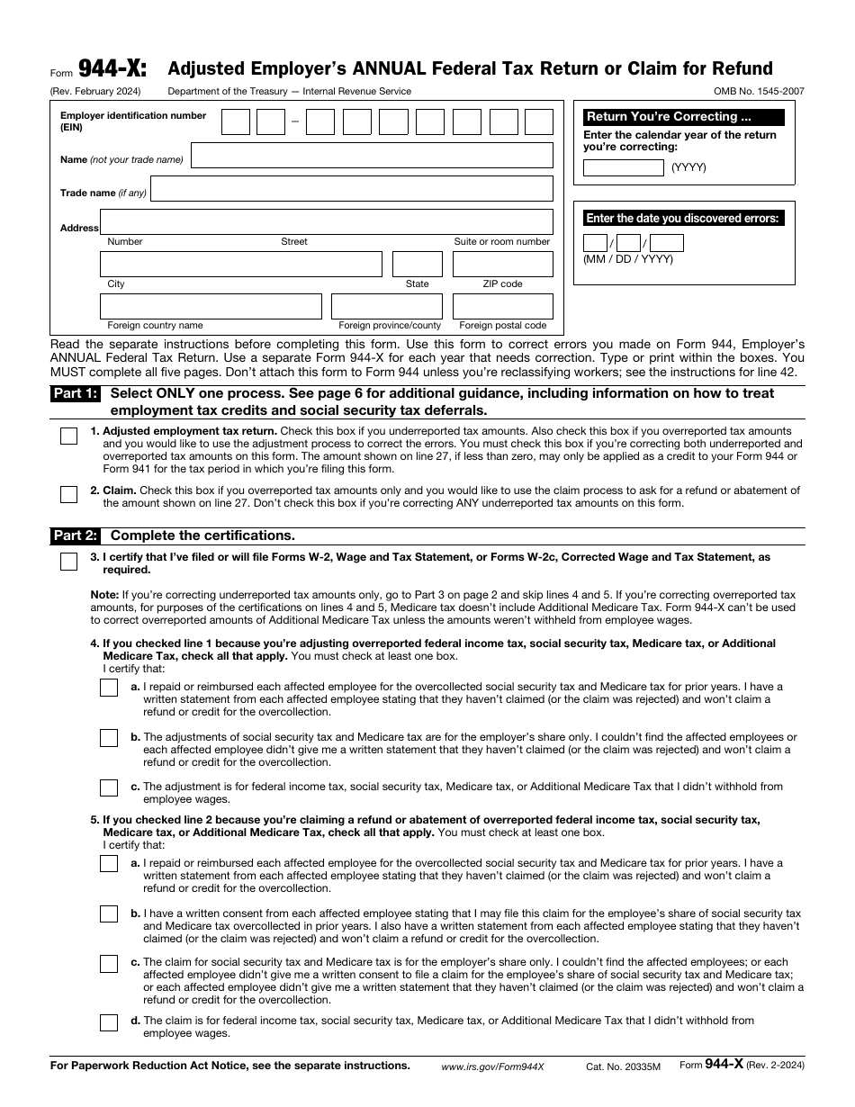 IRS Form 944-X Adjusted Employers Annual Federal Tax Return or Claim for Refund, Page 1