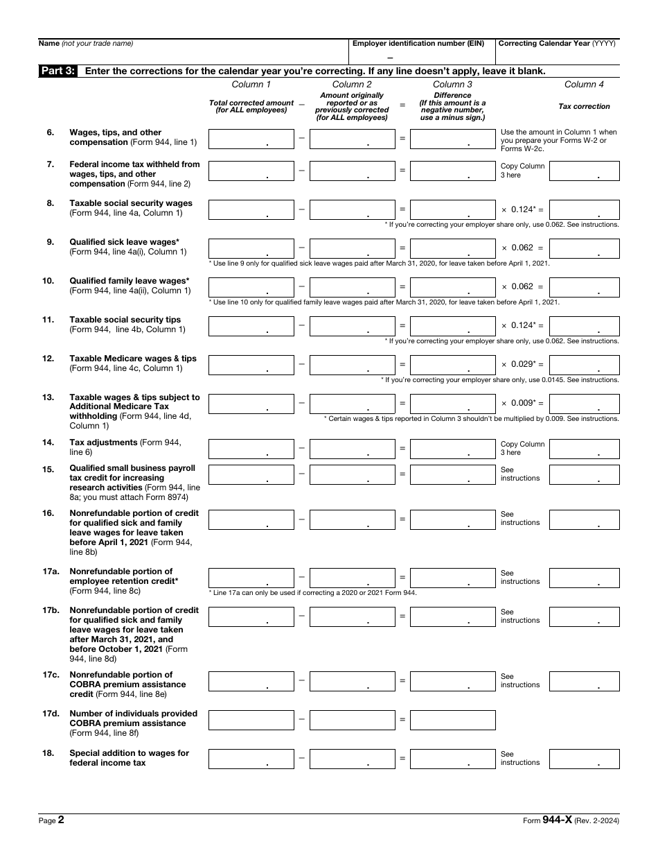 IRS Form 944-X Adjusted Employers Annual Federal Tax Return or Claim for Refund, Page 2