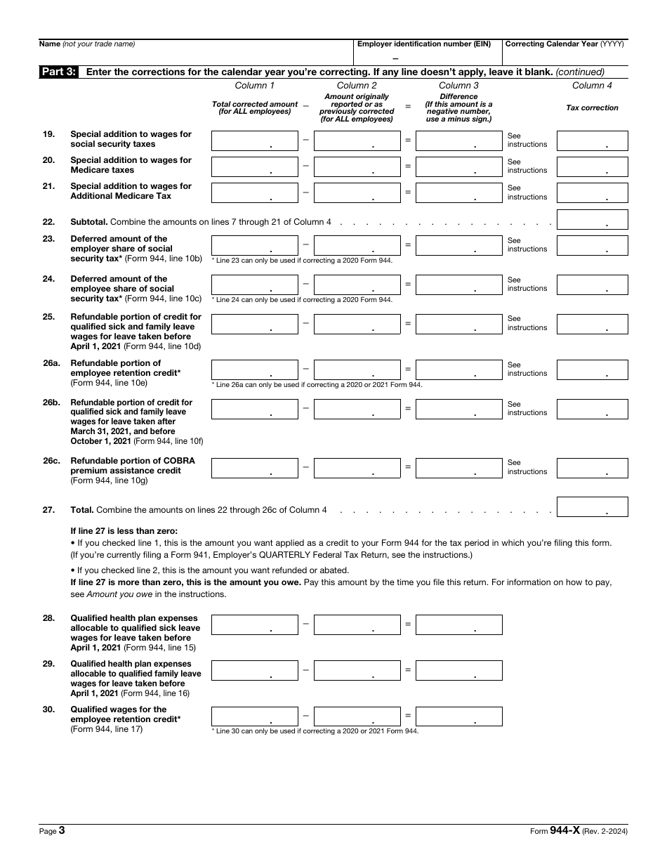 IRS Form 944-X Adjusted Employers Annual Federal Tax Return or Claim for Refund, Page 3