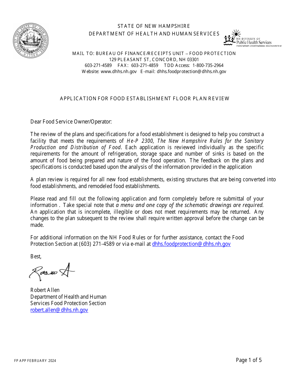 Food Establishment Floor Plan Review Application - New Hampshire, Page 1
