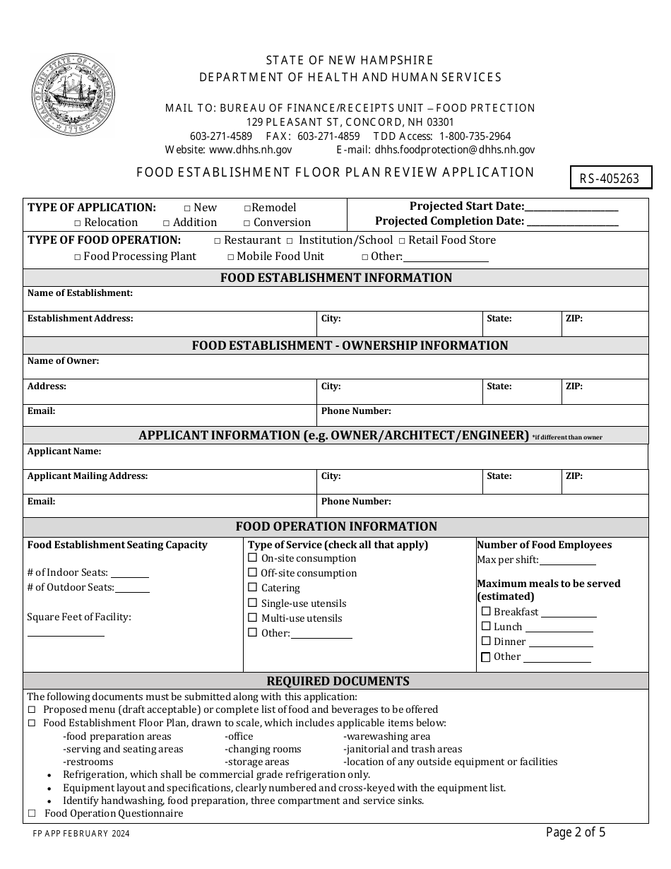 Food Establishment Floor Plan Review Application - New Hampshire, Page 2