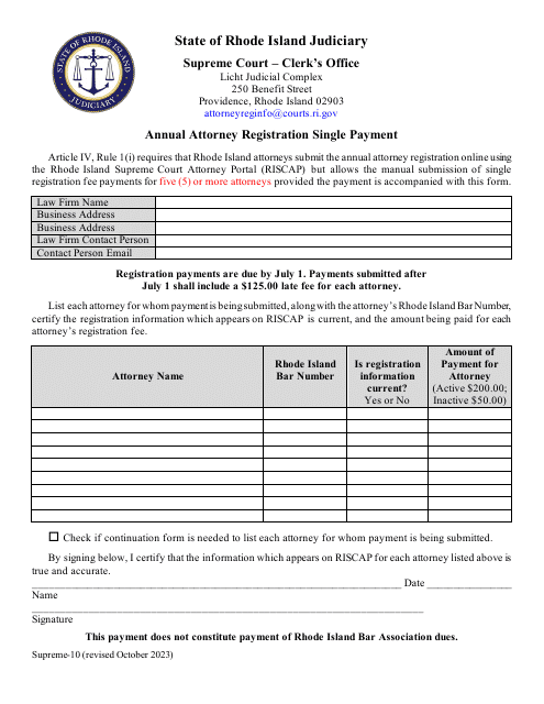 Form Supreme-10 Annual Attorney Registration Single Payment - Rhode Island