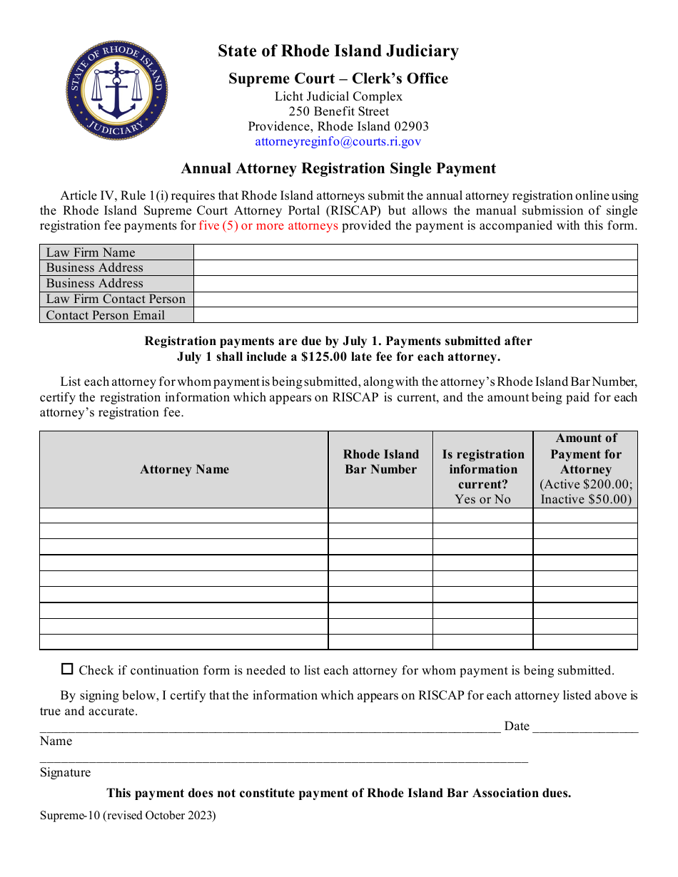 Form Supreme-10 Annual Attorney Registration Single Payment - Rhode Island, Page 1