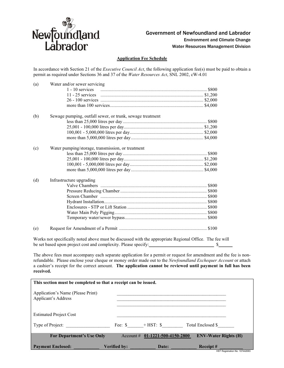 Water and Sewerage Works - Application Fee Schedule - Newfoundland and Labrador, Canada, Page 1