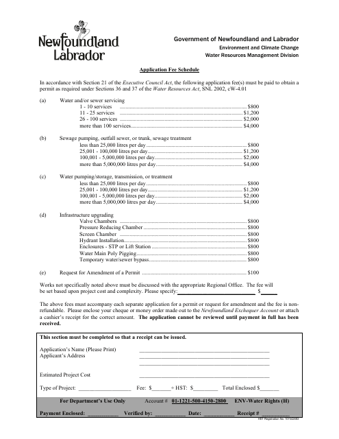 Water and Sewerage Works - Application Fee Schedule - Newfoundland and Labrador, Canada Download Pdf