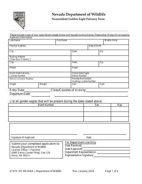 Nonresident Golden Eagle Falconry Form - Nevada Download Pdf
