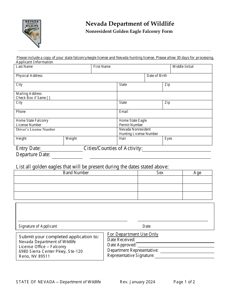 Nonresident Golden Eagle Falconry Form - Nevada, Page 1