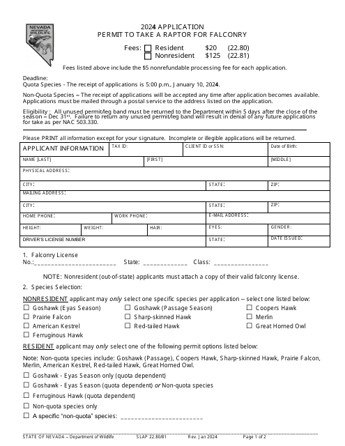 Form SLAP22.80/81 Application Permit to Take a Raptor for Falconry - Nevada, 2024