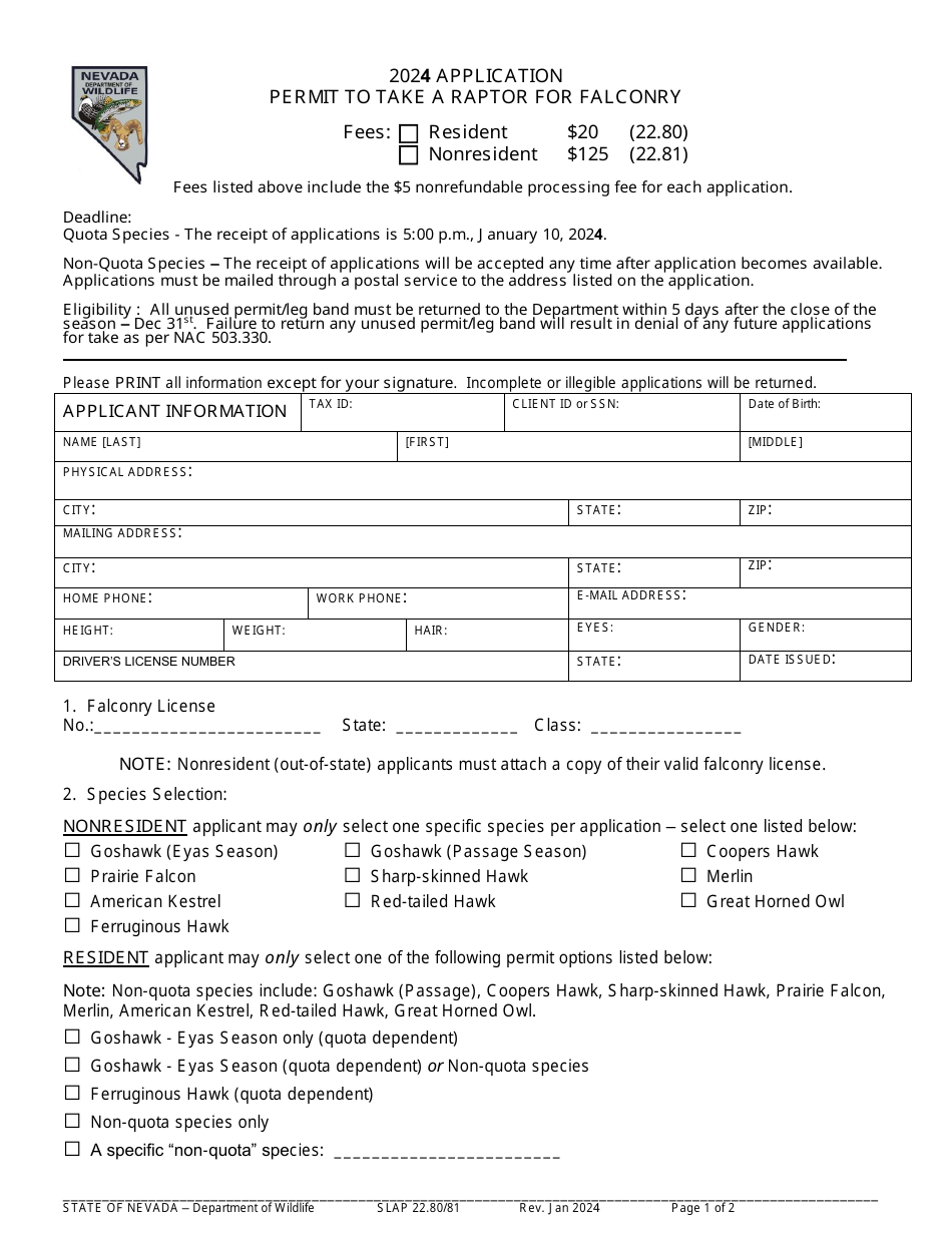 Form SLAP22.80 / 81 Application Permit to Take a Raptor for Falconry - Nevada, Page 1