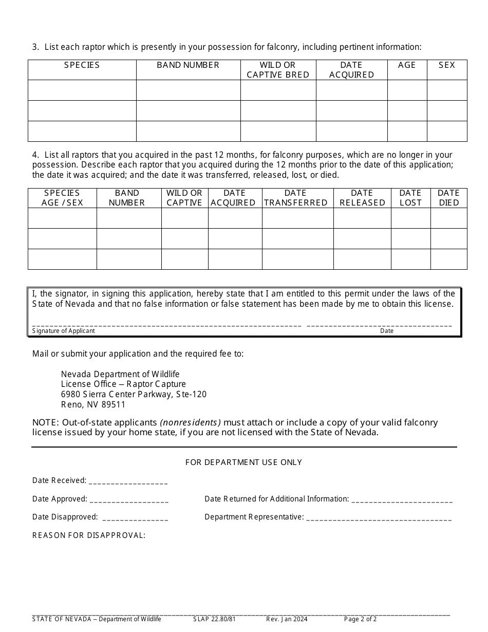 Form SLAP22.80 / 81 Application Permit to Take a Raptor for Falconry - Nevada, Page 2