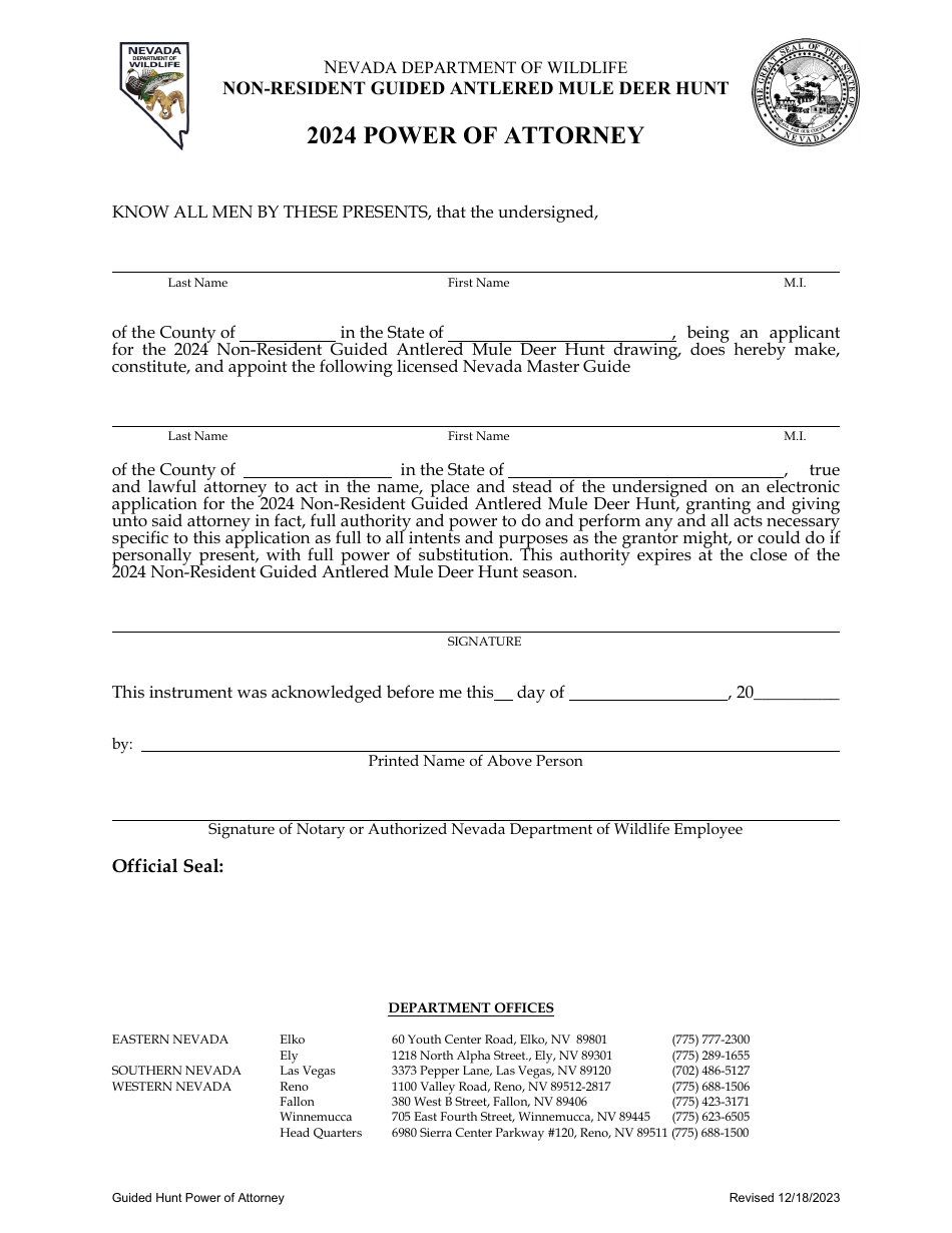 Power of Attorney - Non-resident Guided Antlered Mule Deer Hunt - Nevada, Page 1