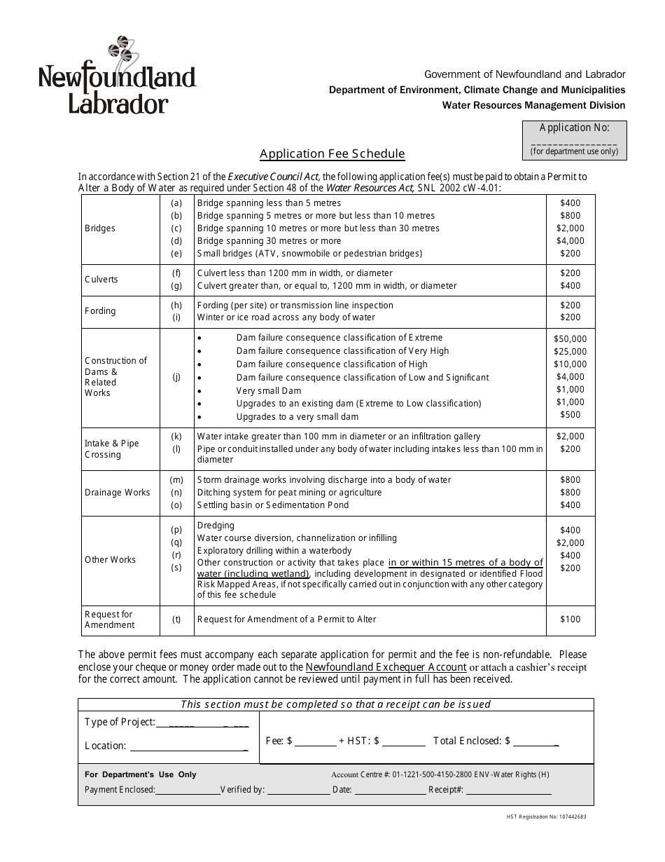 Application for Permit to Alter a Body of Water - Application Fee Schedule - Newfoundland and Labrador, Canada, Page 1